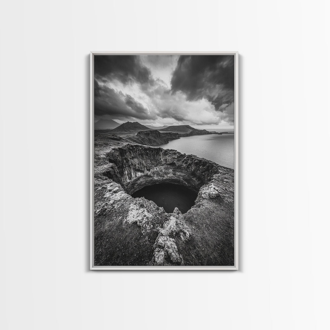 Crater Overlook Coast, Stormy Sky Mountains, Ocean Cliffs, Rugged Wilderness, Canvas Print, Den Wall Art, Moody Black and White Art