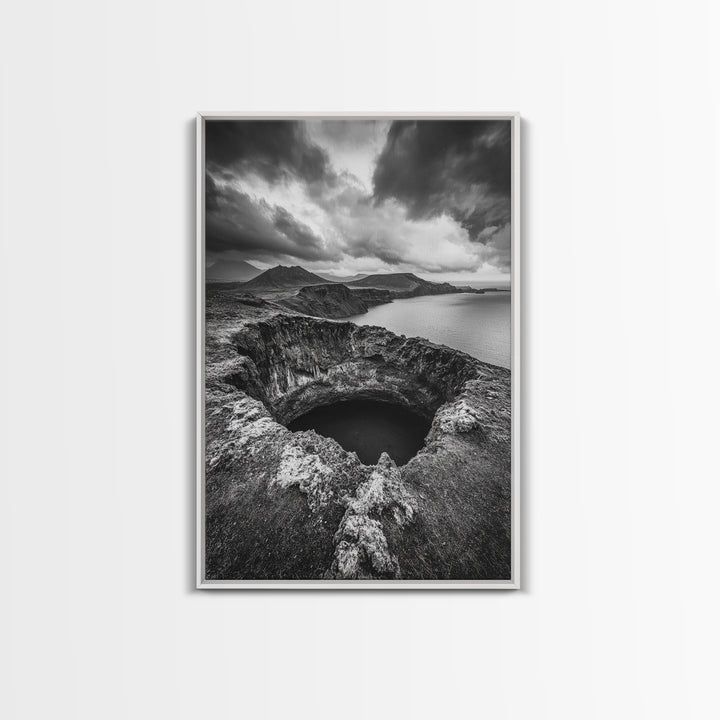 Crater Overlook Coast, Stormy Sky Mountains, Ocean Cliffs, Rugged Wilderness, Canvas Print, Den Wall Art, Moody Black and White Art