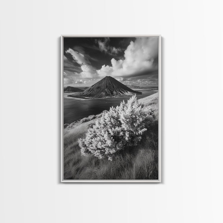 Majestic Volcano, Wild Grass, Black and White, Framed Canvas Print, Nature Photography, Office Decor, Moody Art, Rustic Wall Art