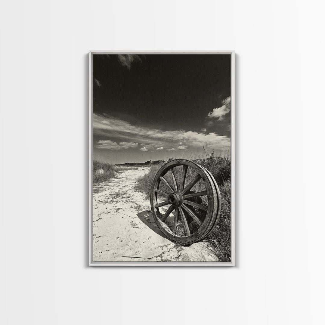 Desert Path, Wagon Wheel, Western Minimalism, Canvas Print, Boho Wall Decor, Neutral Tones, Entryway Art, Rustic Country Style