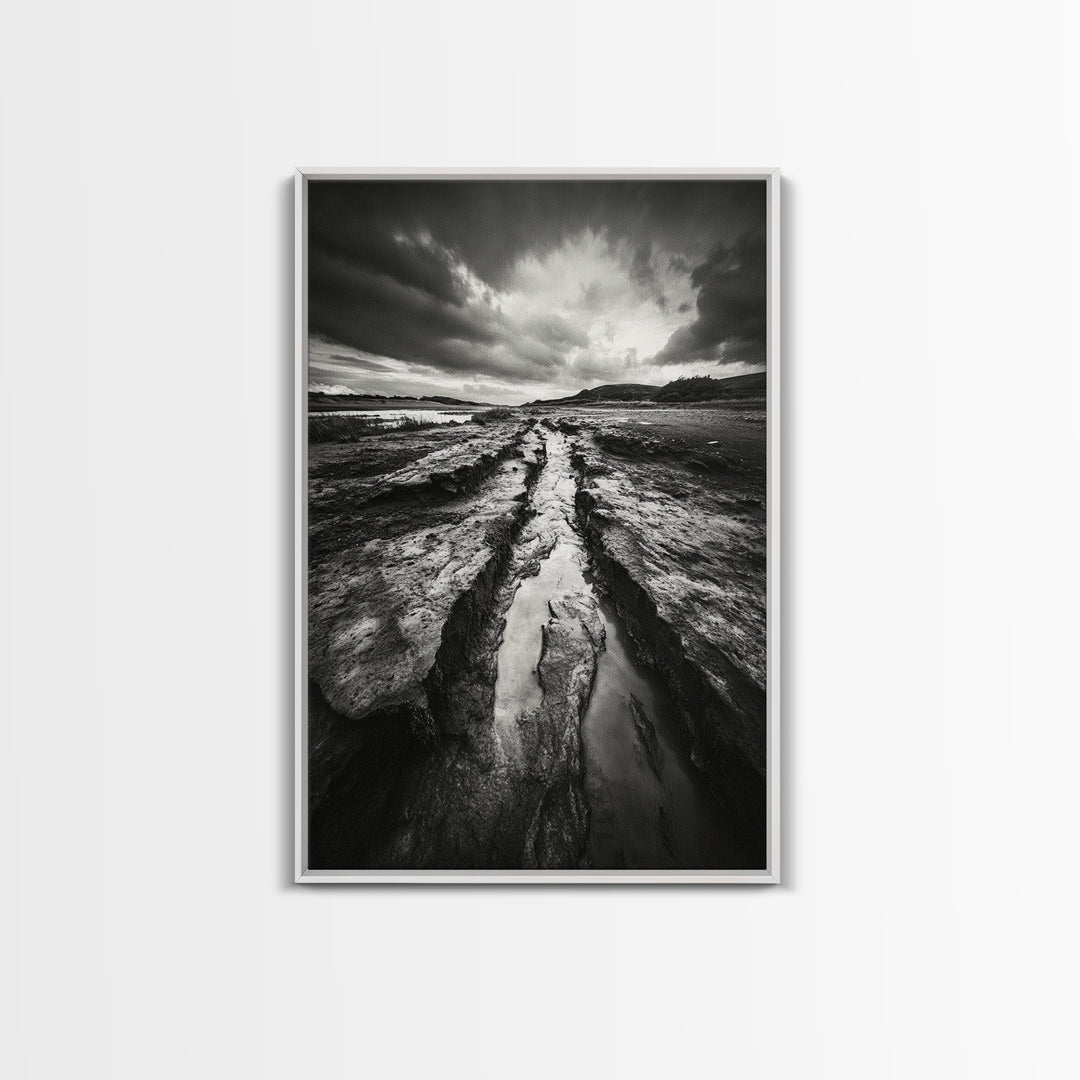 Muddy Terrain, Dramatic Sky, Natural Earth Art, Framed Canvas Print, Fall Decor, Landscape Photography, Moody Living Room Art