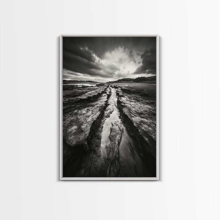 Muddy Terrain, Dramatic Sky, Natural Earth Art, Framed Canvas Print, Fall Decor, Landscape Photography, Moody Living Room Art