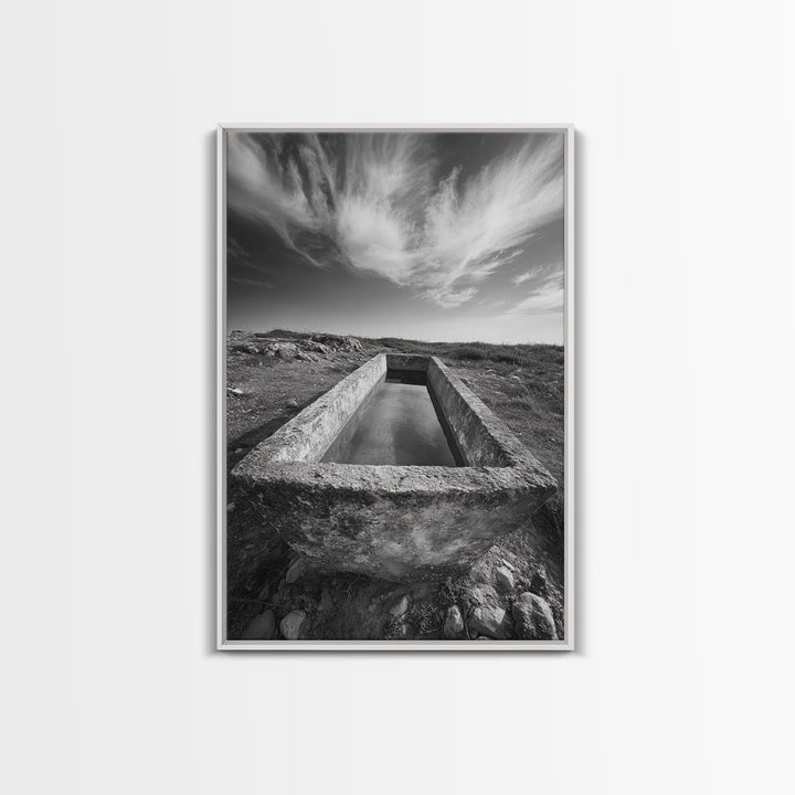Stone Water Trough, Wild Horizon, Rustic Scene, Framed Canvas Print, Country Farm Decor, Outdoor Living Art, Neutral Wall Accent