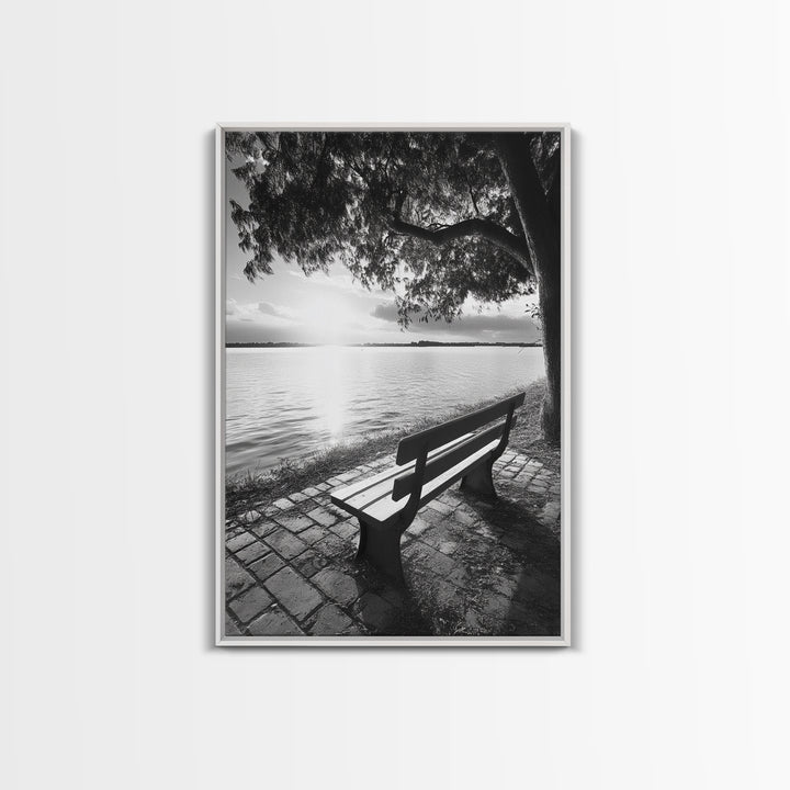 Peaceful Lake Bench, Tranquil Sunrise, Tree Shade View, Nature Serenity, Framed Canvas Print, Minimalist Art, Bedroom Wall Decor