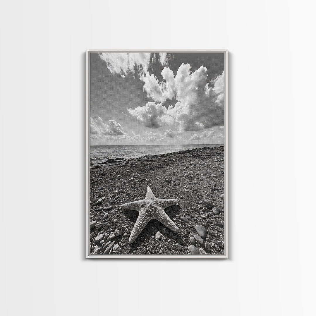 Starfish on Shore, Rocky Beach Scene, Cloudy Sky Horizon, Ocean Calm, Framed Canvas Print, Coastal Art, Bathroom Wall Decor
