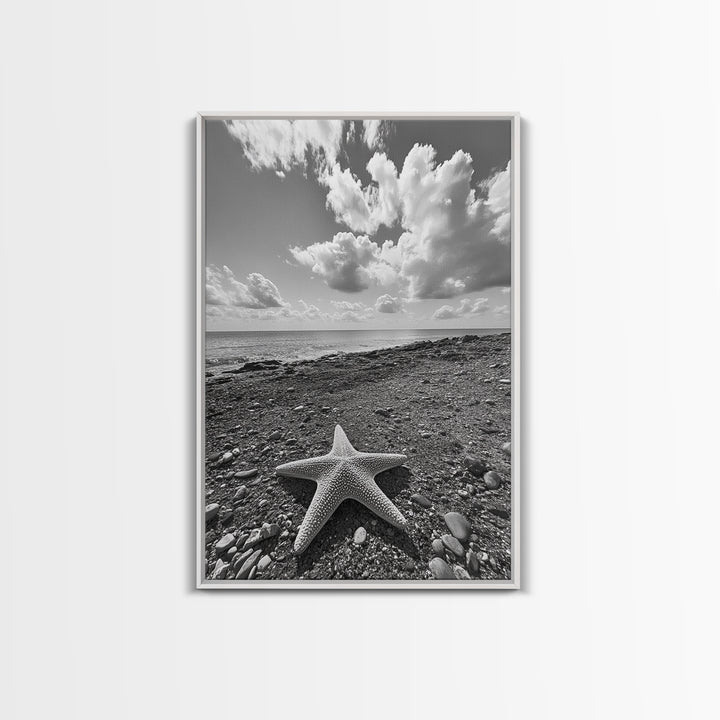 Starfish on Shore, Rocky Beach Scene, Cloudy Sky Horizon, Ocean Calm, Framed Canvas Print, Coastal Art, Bathroom Wall Decor