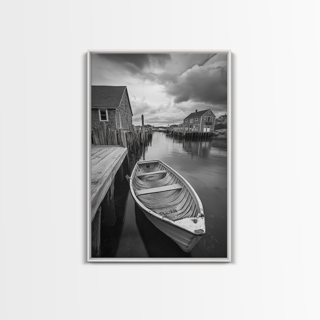 Docked Rowboat Scene, Calm Harbor, Coastal Village, Still Waters, Framed Canvas Print, Seaside Art, Beach House Wall Decor