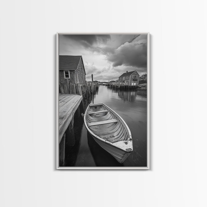Docked Rowboat Scene, Calm Harbor, Coastal Village, Still Waters, Framed Canvas Print, Seaside Art, Beach House Wall Decor