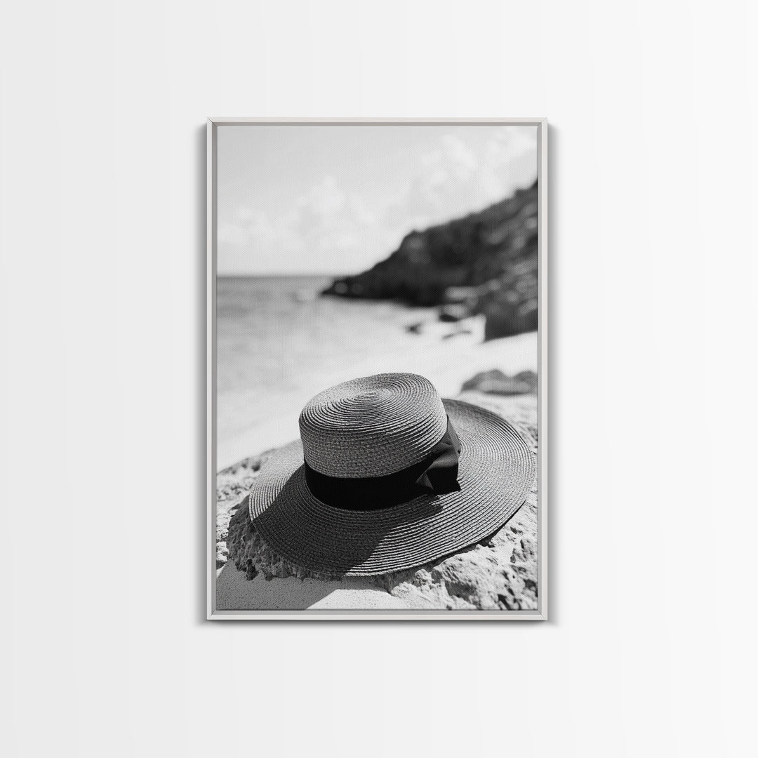 Beach Hat Closeup, Seaside Fashion, Coastal Breeze, Relaxed Mood, Framed Canvas Print, Minimalist Beach Art, Summer Home Decor