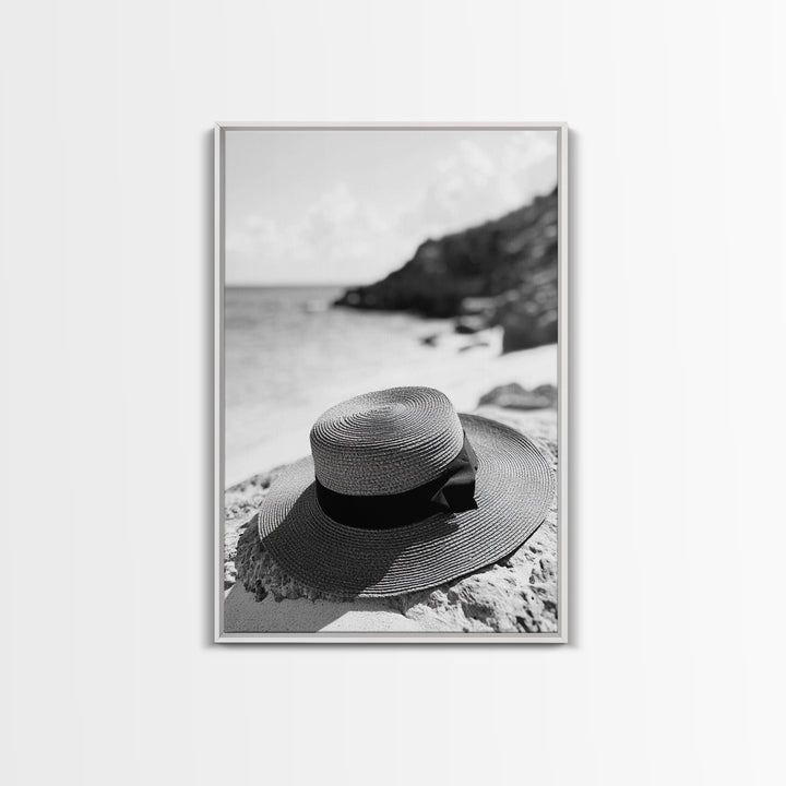 Beach Hat Closeup, Seaside Fashion, Coastal Breeze, Relaxed Mood, Framed Canvas Print, Minimalist Beach Art, Summer Home Decor