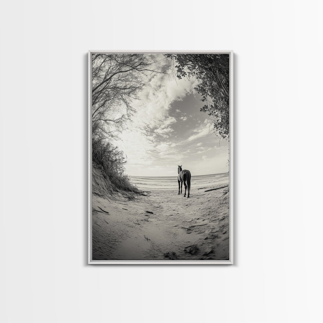 Horse on Shore, Ocean Path Scene, Wild Beauty, Serene Escape, Framed Canvas Print, Boho Wall Art, Bedroom or Entryway Decor