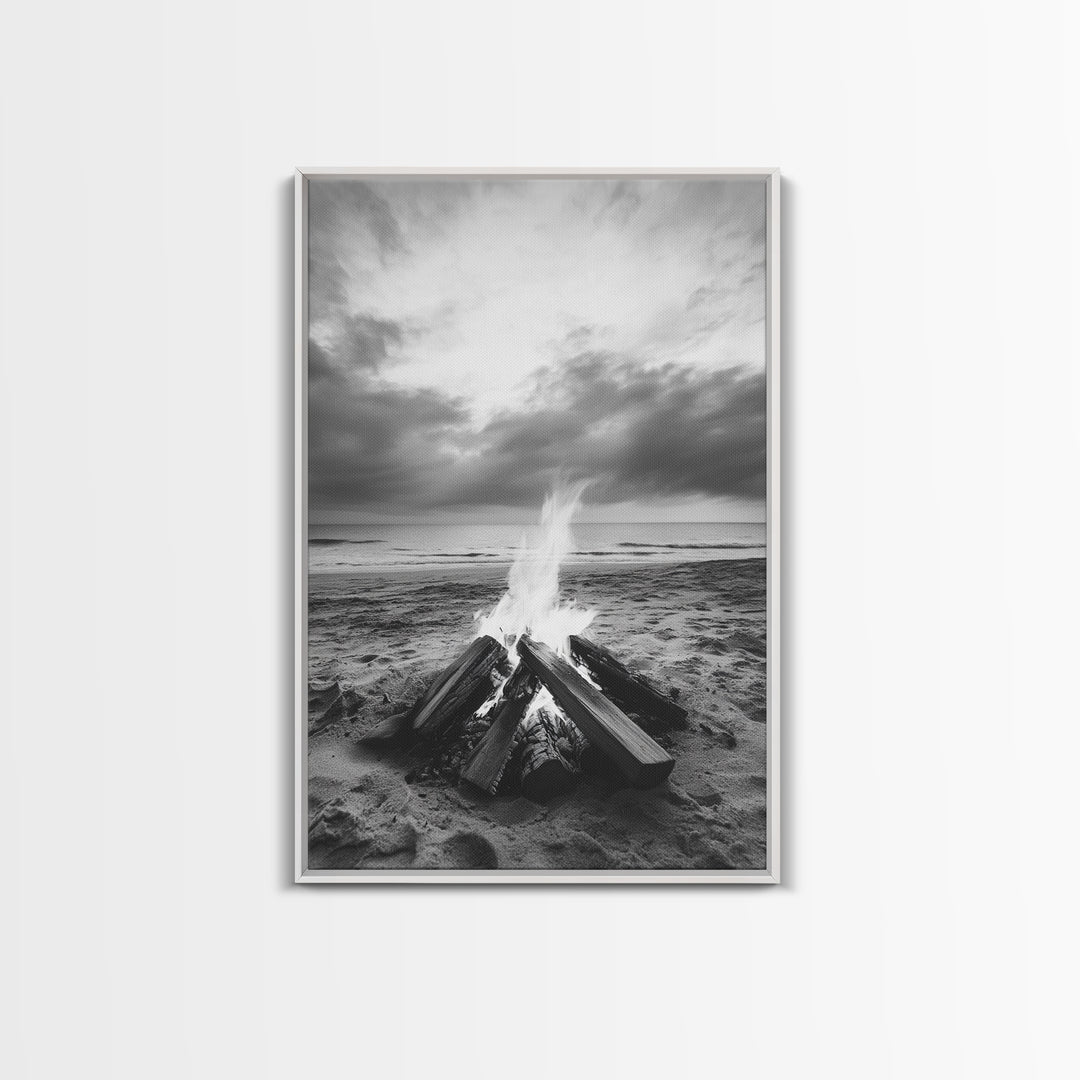 Beach bonfire moment, soft flame serenity, ocean dusk, coastal camp vibes, Framed Canvas Print, Fall decor, hygge inspired wall decor