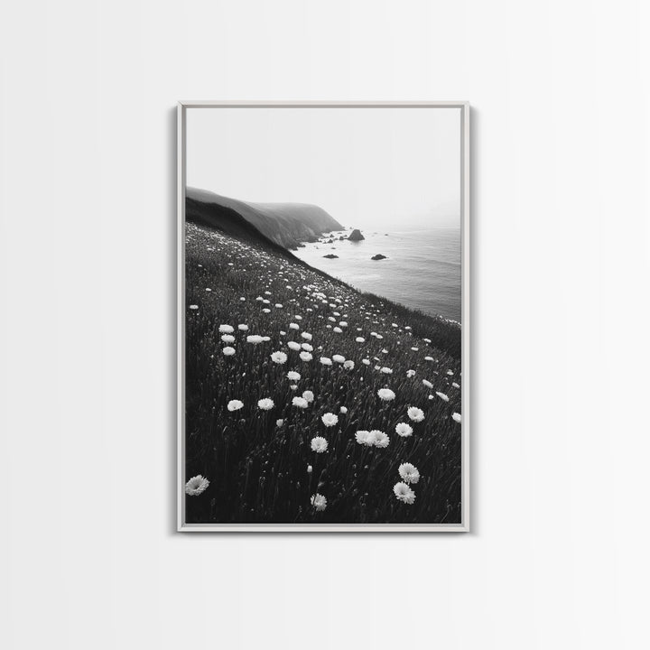 Daisy Cliffside Bloom, Coastal Flowers, Peaceful Nature Scene, Framed Canvas Print, Bedroom Wall Art, Botanical Decor, Minimalist Style