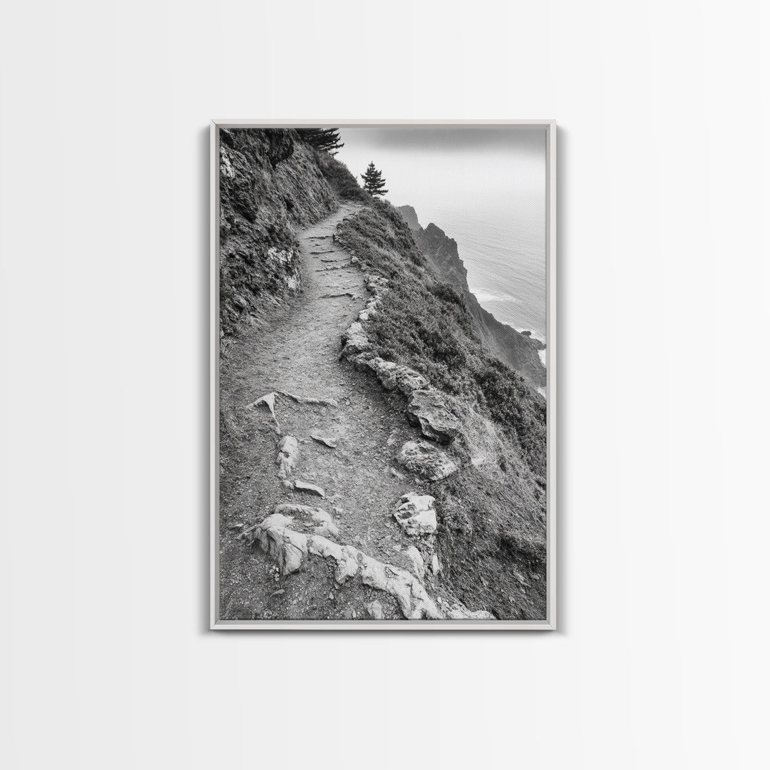 Rocky Cliff Trail, Coastal Hiking, Rugged Landscape, Nature Adventure Art, Framed Canvas Print, Cabin Wall Decor, Black and White Aesthetic