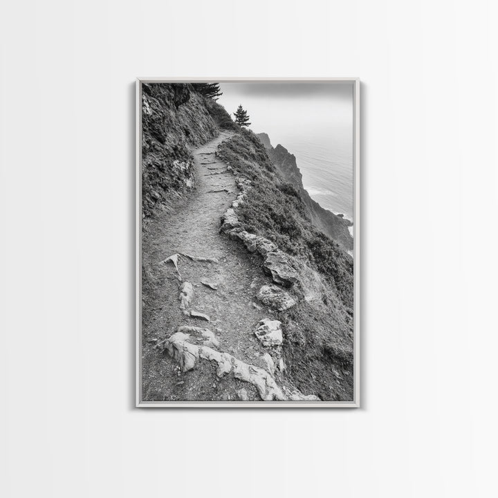 Rocky Cliff Trail, Coastal Hiking, Rugged Landscape, Nature Adventure Art, Framed Canvas Print, Cabin Wall Decor, Black and White Aesthetic