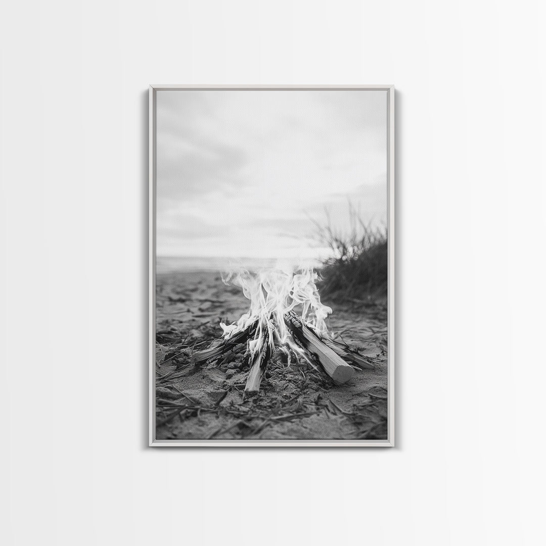 Campfire, Beach, Smoke, Glow - Cozy outdoor scene with flickering flame, Canvas Print, perfect rustic cabin or camping decor, Autumn Wall Art