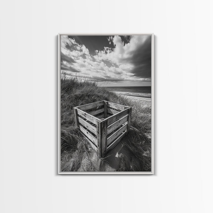 Weathered Crate, Ocean Dunes, Coastal Photography, Canvas Print, Beach House Wall Art, Minimalist Rustic Decor, Bathroom Wall Art