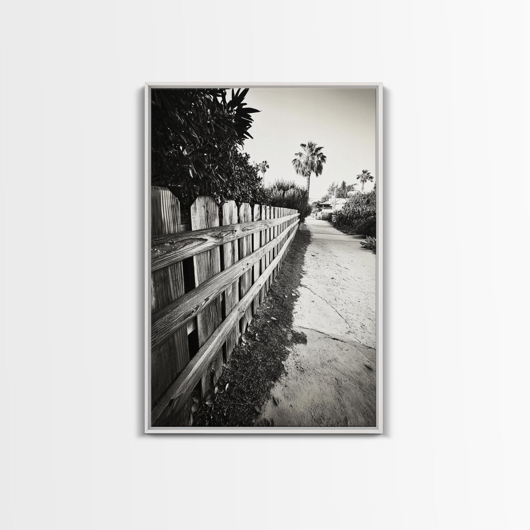 Palm Fence, California Pathway, Suburban Tranquility, Canvas Print, Outdoor Wall Art, Neutral Tones, Modern Minimalist Home Vibe