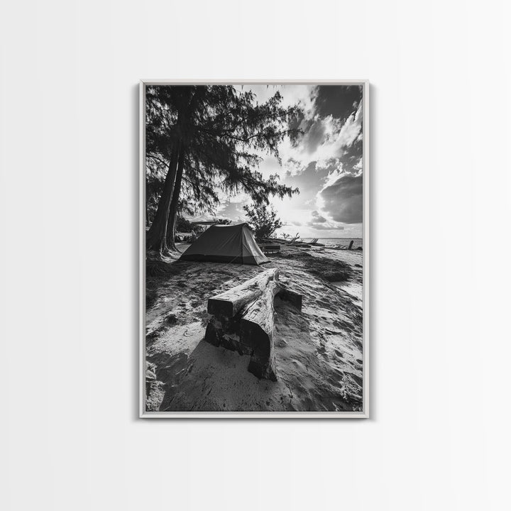 Tent, Beach, Sunset, Trees - Rustic camping coastal escape vibe, Framed Canvas Print, ideal bedroom or adventure nursery decor, outdoor art