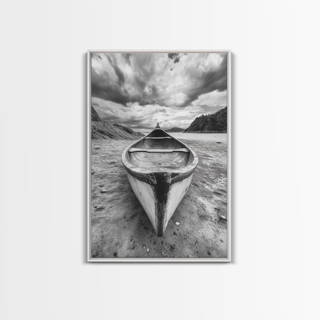 Canoe, Shoreline, Dramatic, Sky - canoe landscape Canvas Print, rustic wall art, entryway decor, nature photography, monochrome mountain