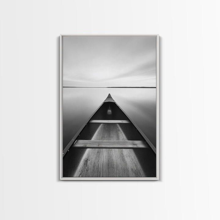 Canoe, Lake, Calm, Horizon - Minimalist lake paddle scene, Framed Canvas Print, peaceful home office art, Scandinavian decor, wilderness print