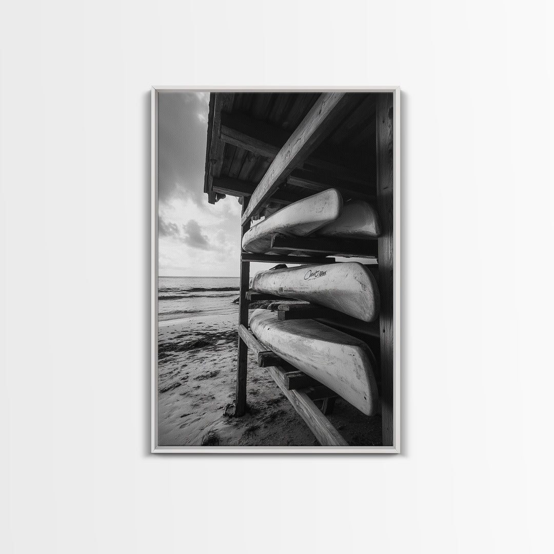 Canoes, Rack, Ocean, Shelter - Surf shack vibes with coastal canoe stack, Framed Canvas Print, great beach house or boho hallway art, grayscale