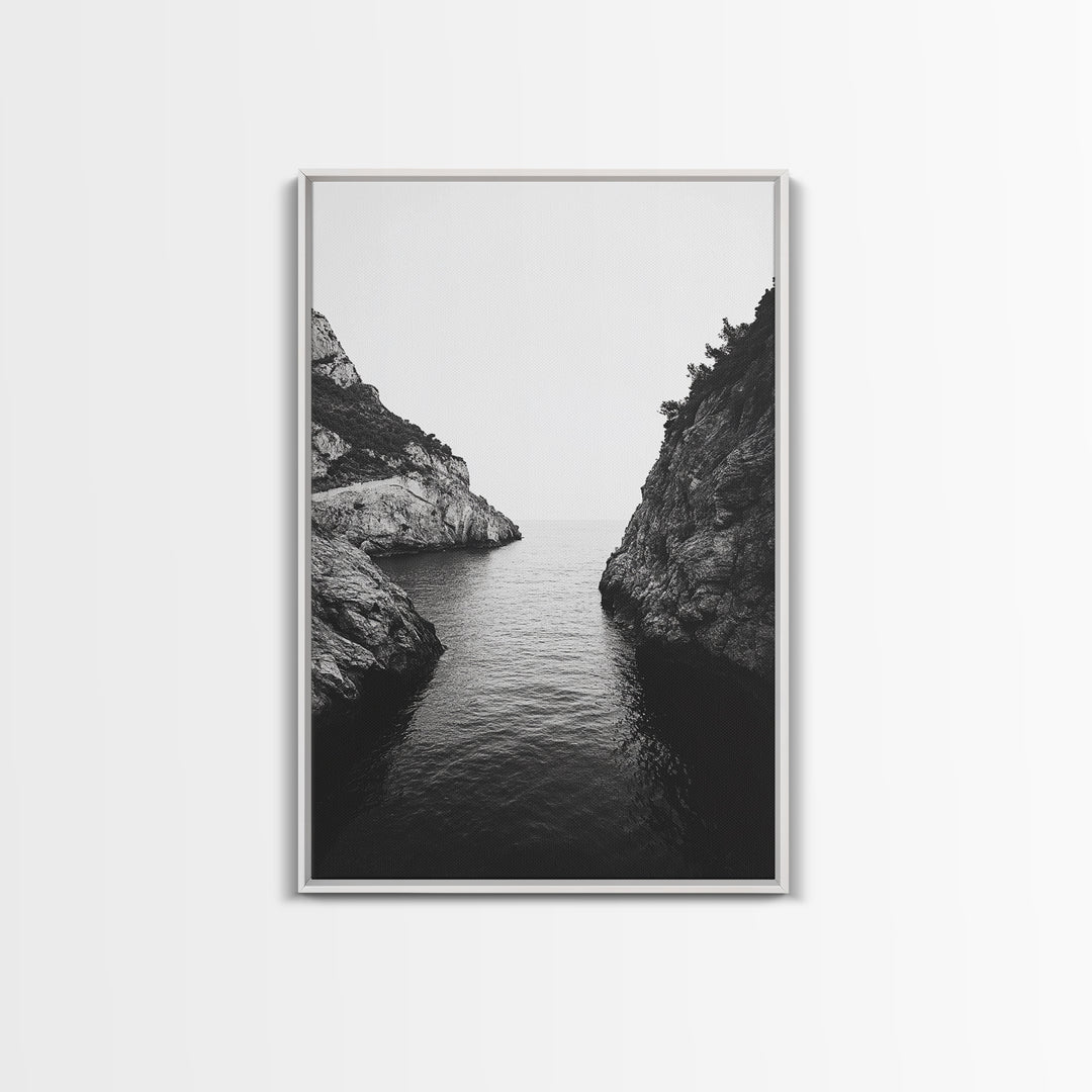 Cliffs, Ocean, Channel, Serenity - Dramatic rocky inlet view, Framed Canvas Print, ideal bathroom or hallway wall art, nature lover minimalist