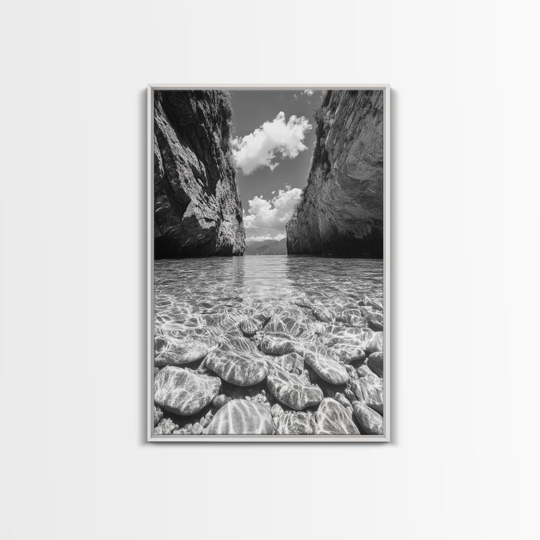 Clear Waterscape, Rocky Shoreline, Tropical Escape, Nature Photography, Framed Canvas Print, Beach House Coastal Wall Art