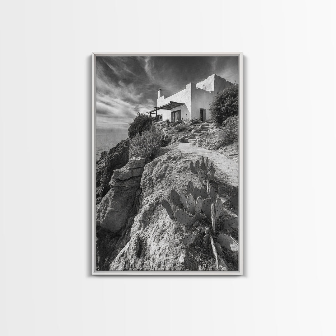 Cliffside Villa, Mediterranean Home, Desert Garden, Rustic Landscape Print, Framed Canvas Print, Modern Boho Living Room Art