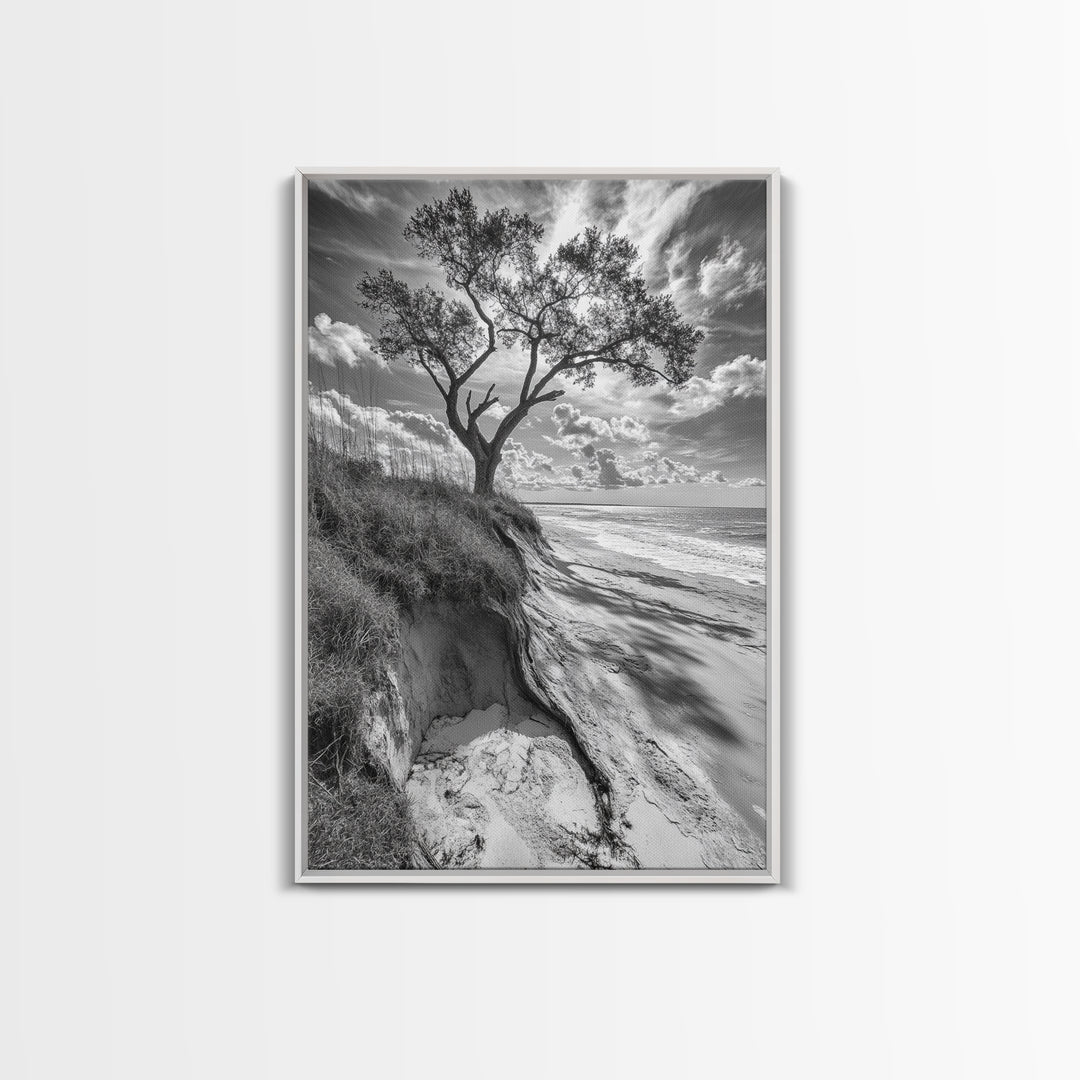 Coastal Tree Scene, Wind Swept Dune, Ocean Beach Horizon, Autumn Coastal Wall Art, Framed Canvas Print, Nature Lover Home Decor