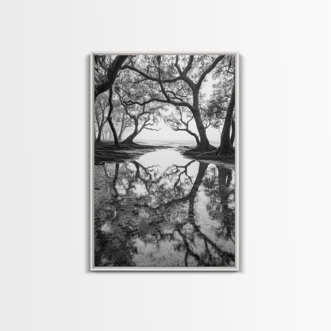 Misty Forest Trees, Reflection Photography, Nature Landscape, Canvas Print, Neutral Tones, Bedroom Wall Decor, Moody Autumn Forest Art