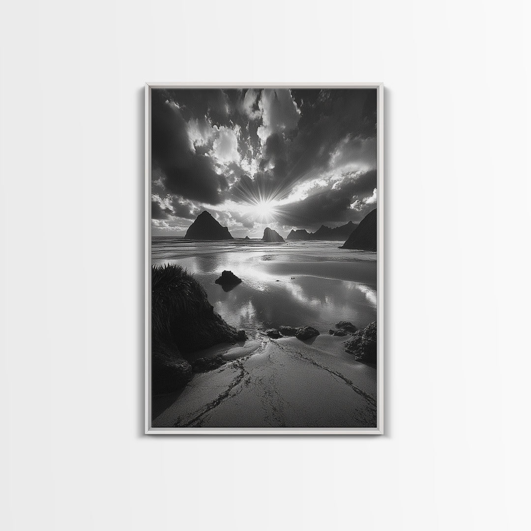 Dramatic Ocean Sunset, Coastal Mountains, Seascape Photography, Canvas Print, Stormy Sky Art, Living Room Focal Wall Decor