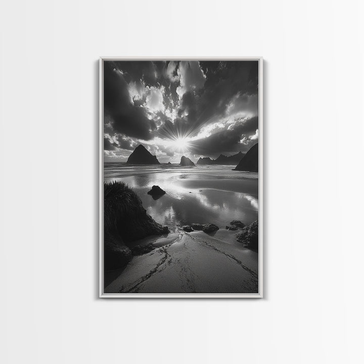 Dramatic Ocean Sunset, Coastal Mountains, Seascape Photography, Canvas Print, Stormy Sky Art, Living Room Focal Wall Decor