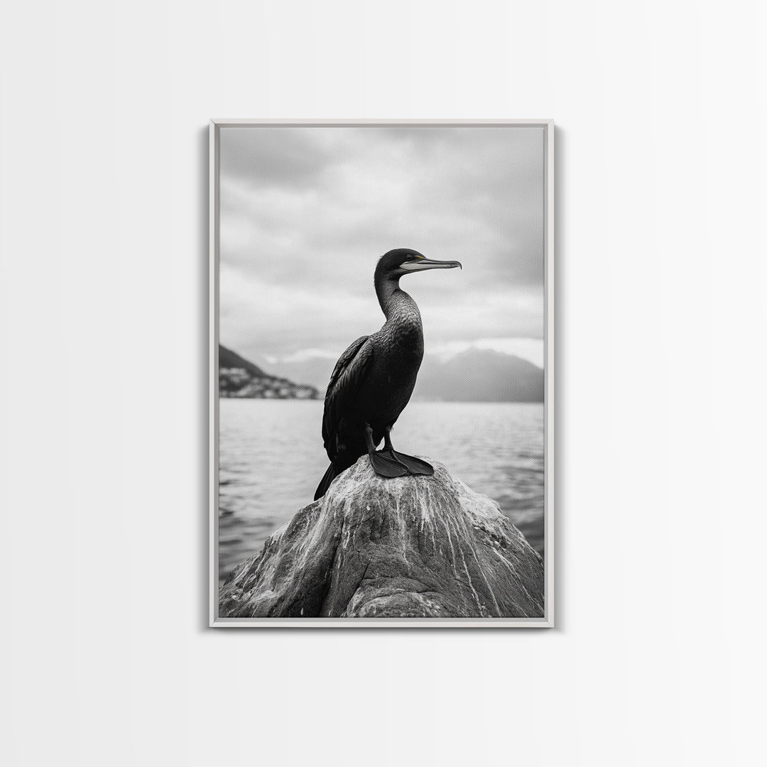 Coastal Bird Portrait, Nature Minimalism, Lake Decor, Monochrome Wildlife, Framed Canvas Print, Bedroom Wall Art, Bird Photography Print