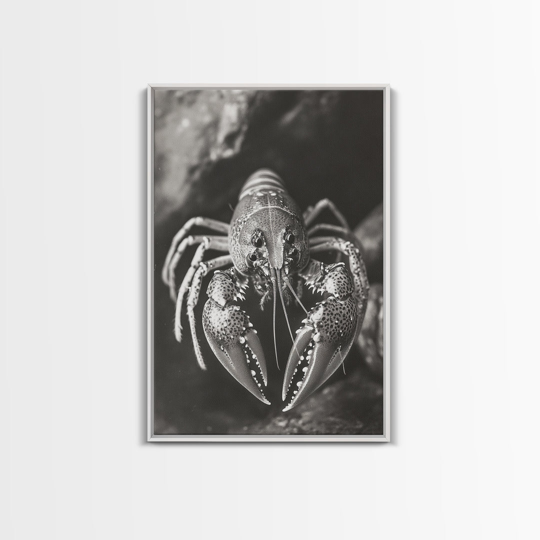 Lobster Close Up, Marine Life Art, Coastal Kitchen Decor, Monochrome Sea Animal, Framed Canvas Print, Ocean Wall Art, Nautical Print