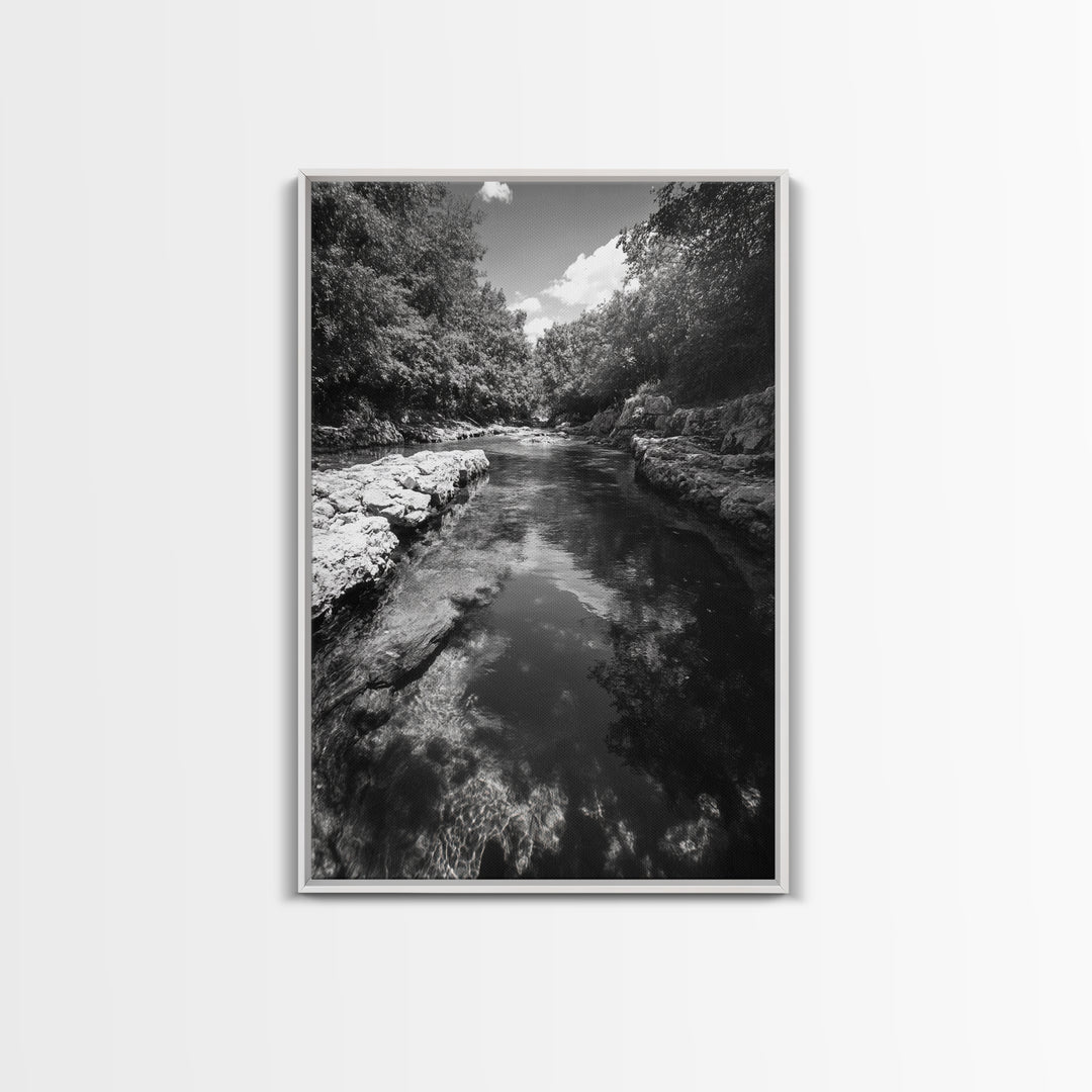 River Reflection, Nature Calm, Forest Stream, Canvas Print, Black and White Landscape Wall Art, Rustic Bathroom Decor, Tranquil Home Vibe