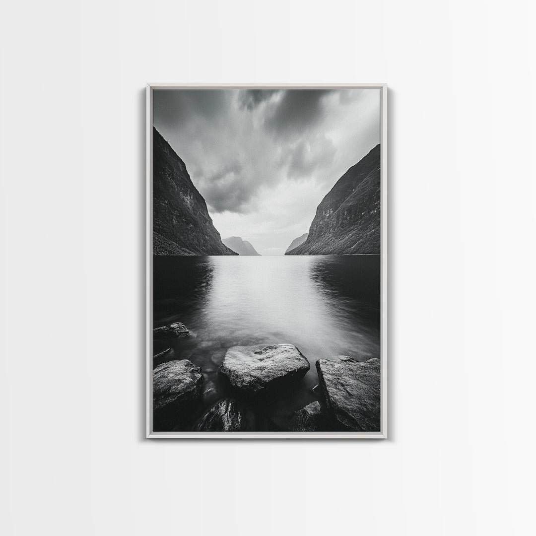 Mountain Lake, Nordic Fjord, Moody Water, Framed Canvas Print, Minimalist Wall Art, Serene Living Room Decor, Monochrome Nature Scene
