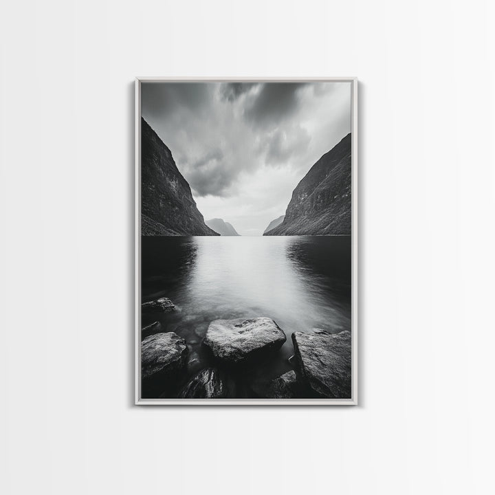 Mountain Lake, Nordic Fjord, Moody Water, Framed Canvas Print, Minimalist Wall Art, Serene Living Room Decor, Monochrome Nature Scene