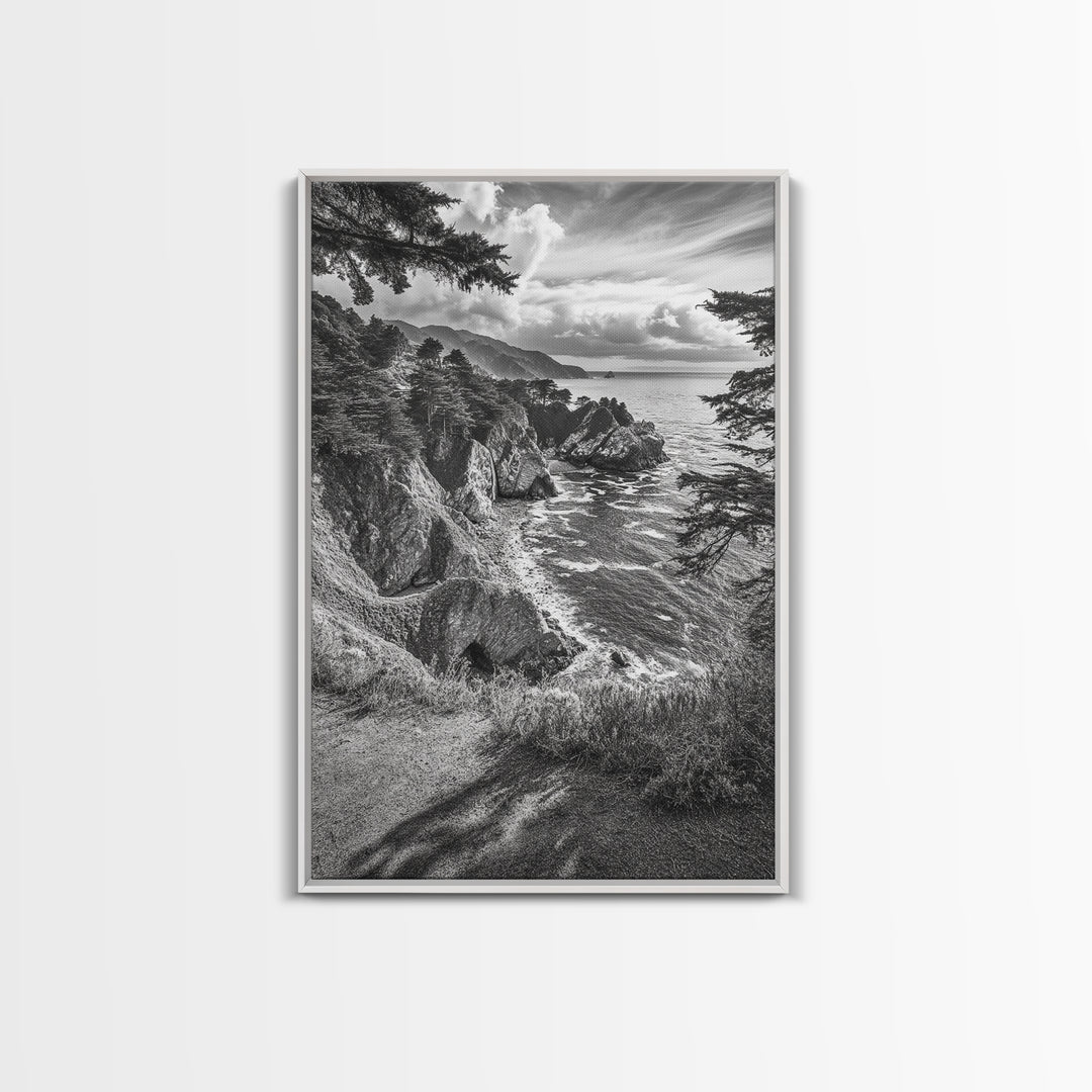 Coastal Cliff, Ocean View, Rocky Shoreline, Framed Canvas Print, Black and White Art, Coastal Living Wall Decor, Nature Landscape Art