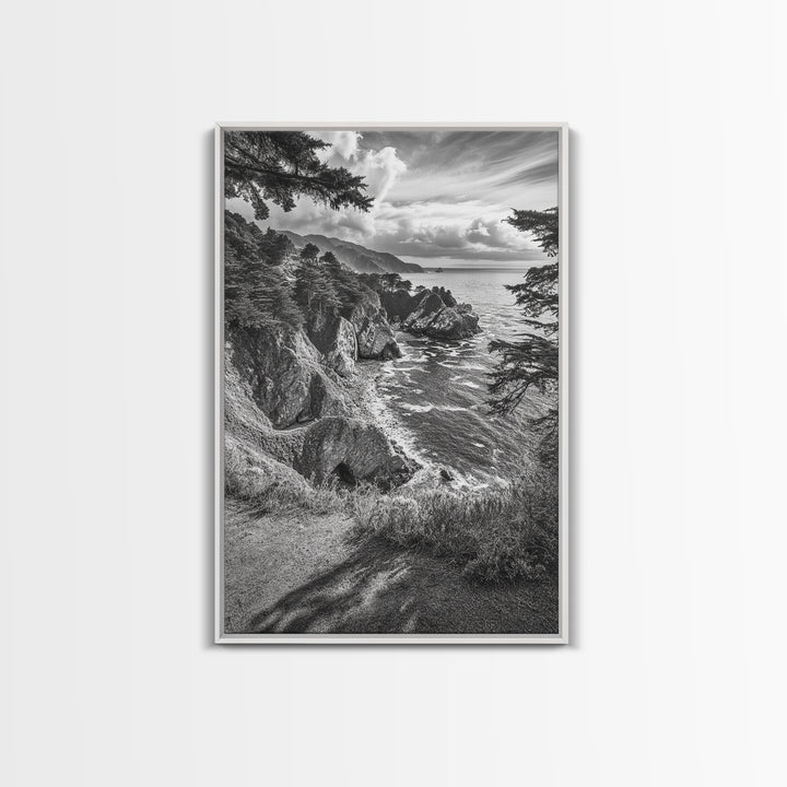 Coastal Cliff, Ocean View, Rocky Shoreline, Framed Canvas Print, Black and White Art, Coastal Living Wall Decor, Nature Landscape Art