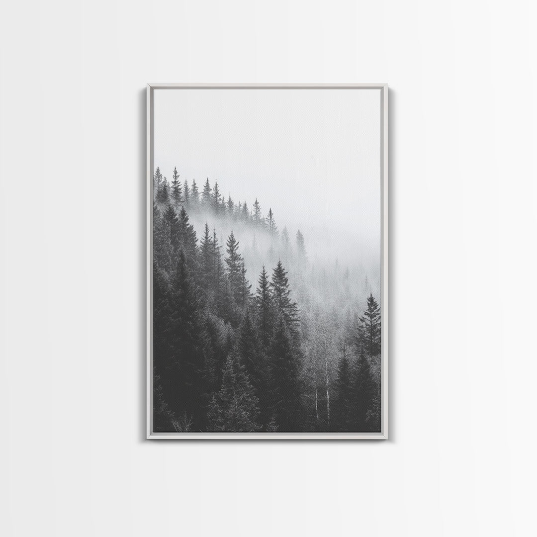 Misty Forest, Pine Trees, Foggy Morning, Canvas Print, Moody Nature Wall Art, Nordic Bedroom Decor, Monochrome Forest Landscape