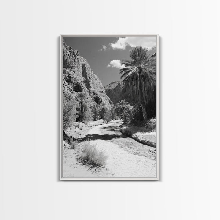 Desert Oasis, Palm Trees, Canyon Trail, Framed Canvas Print, Nature Photography Art, Warm Boho Wall Decor, Rustic Entryway Accent