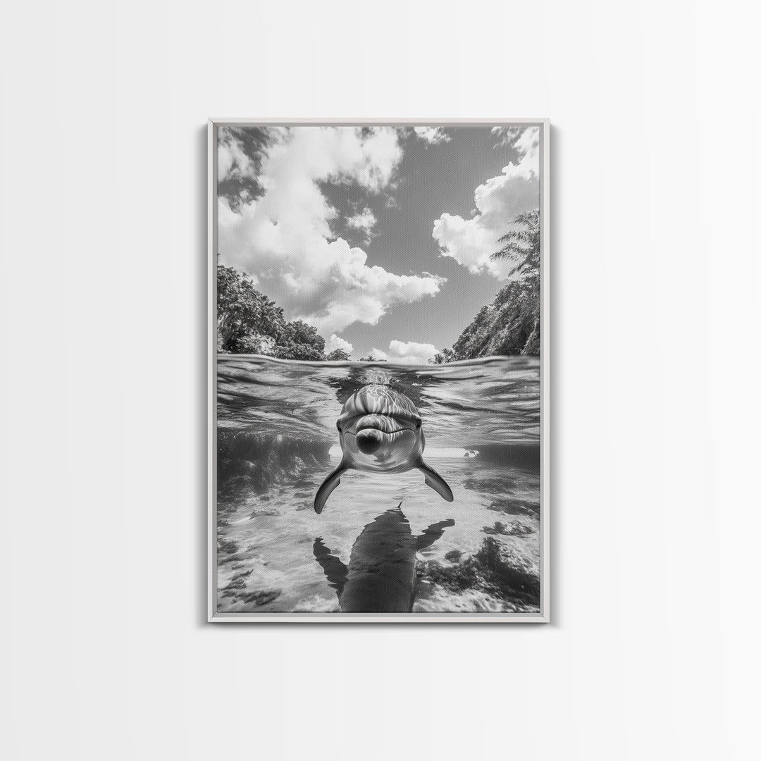 Dolphin Play, Ocean Joy, Underwater View, Canvas Print, Nautical Wall Art, Coastal Bathroom Decor, Playful Beach House Style