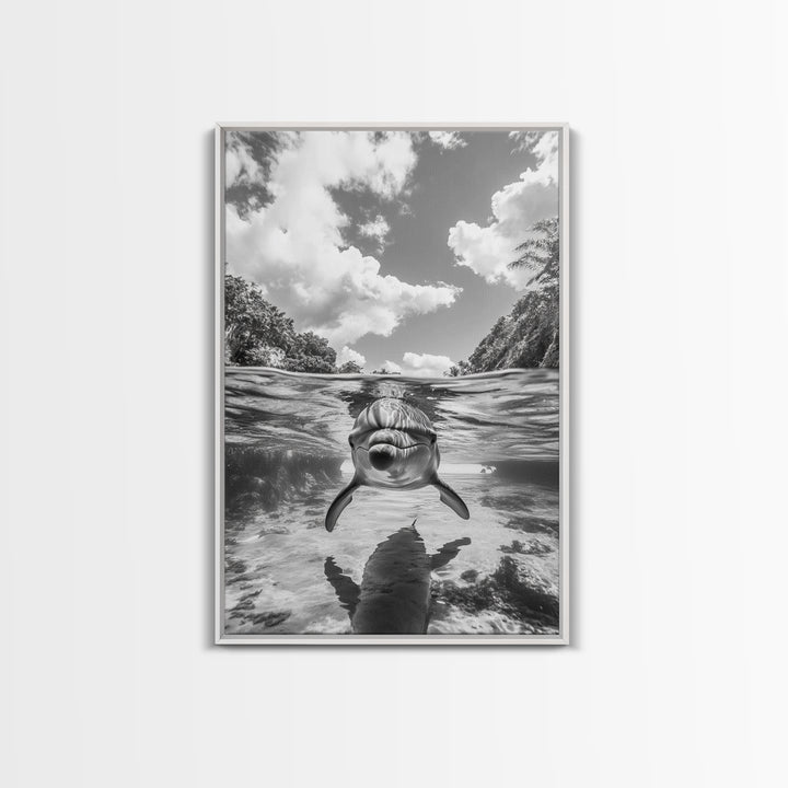 Dolphin Play, Ocean Joy, Underwater View, Canvas Print, Nautical Wall Art, Coastal Bathroom Decor, Playful Beach House Style