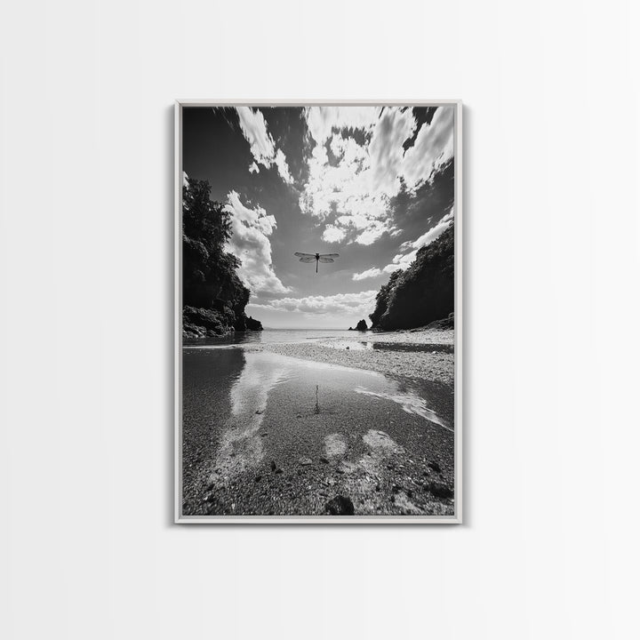 Dragonfly Flight, Beach View, Nature Dream, Framed Canvas Print, Whimsical Wall Art, Surreal Living Room Decor, Black and White Nature Style