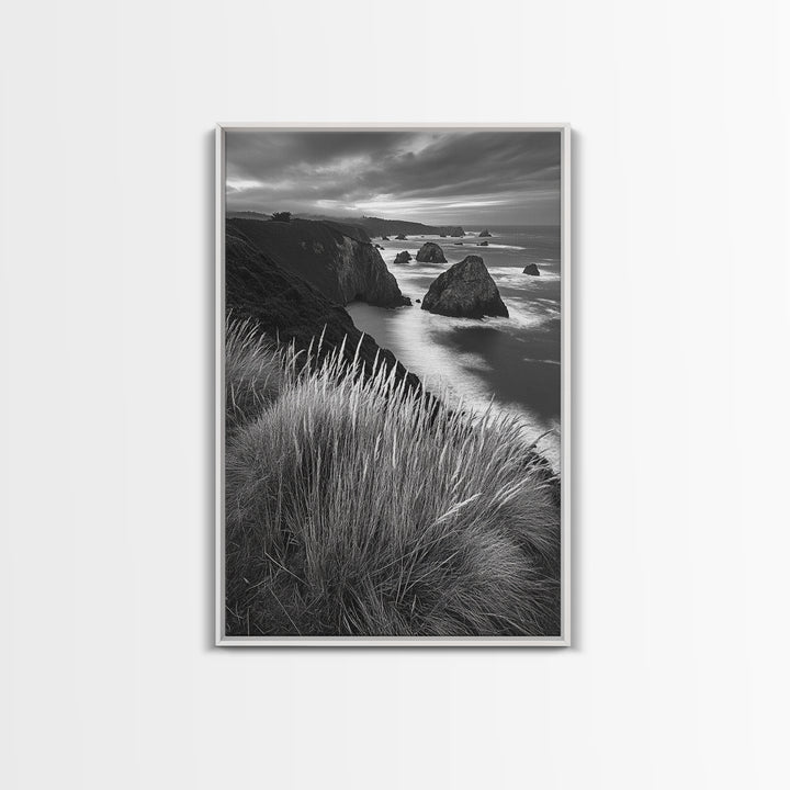Coastal Cliffs, Ocean Rocks, Tall Grass, Canvas Print, Windswept Landscape Art, Beach House Wall Decor, Monochrome Nature Scene