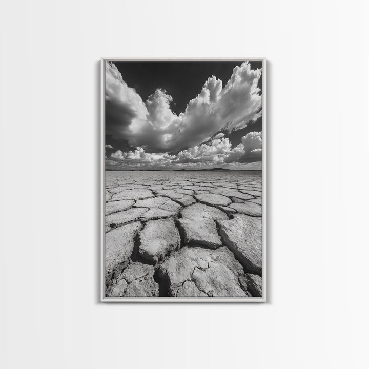 Cracked Earth, Storm Sky, Desert View, Framed Canvas Print, Dramatic Landscape Art, Modern Living Room Decor, Moody Minimalist Wall Art