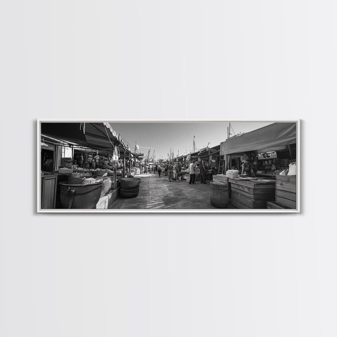 Mediterranean Market Scene, Travel Wall Decor, Rustic Street View, Framed Canvas Print, Kitchen Wall Art, Black and White Photography