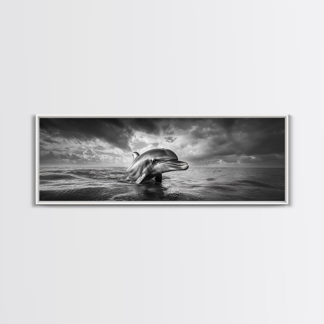 Dolphin Ocean Art, Playful Sea Animal Print, Modern Coastal Decor, Framed Canvas Print, Bathroom Wall Art, Nature Photography