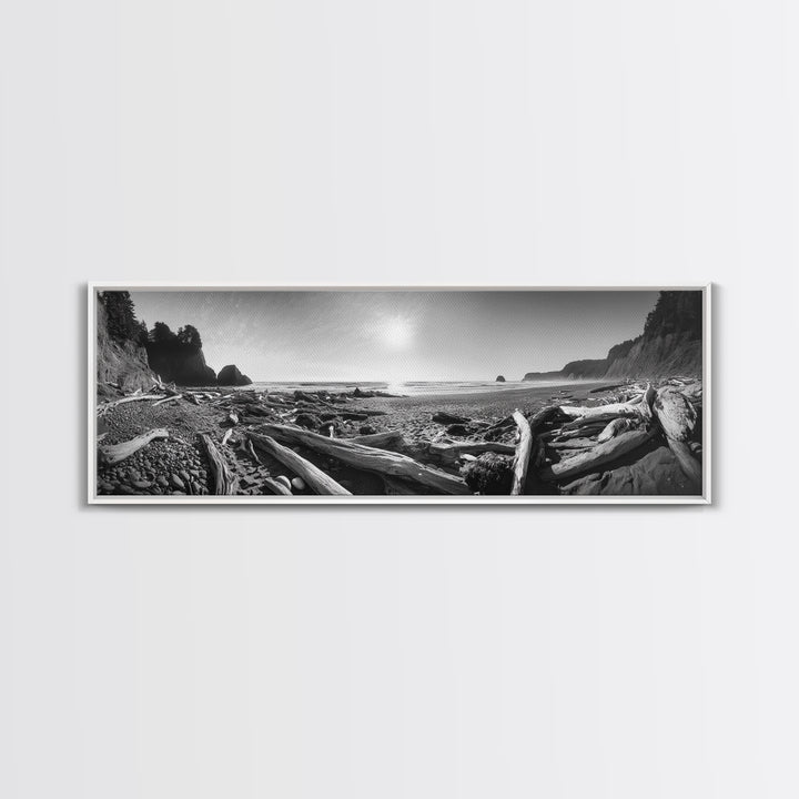 Coastal Driftwood Scene, Rugged Ocean Beach, Moody Nature Landscape, Framed Canvas Print, Rustic Wall Decor, Fall Coastal Photography